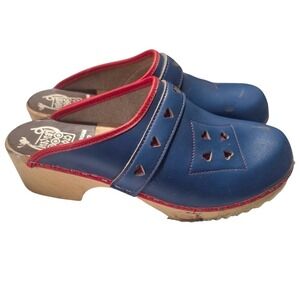 Högert Orthopedic Swedish wooden Clogs Womens 37 blue leather red hearts VTG 6.5